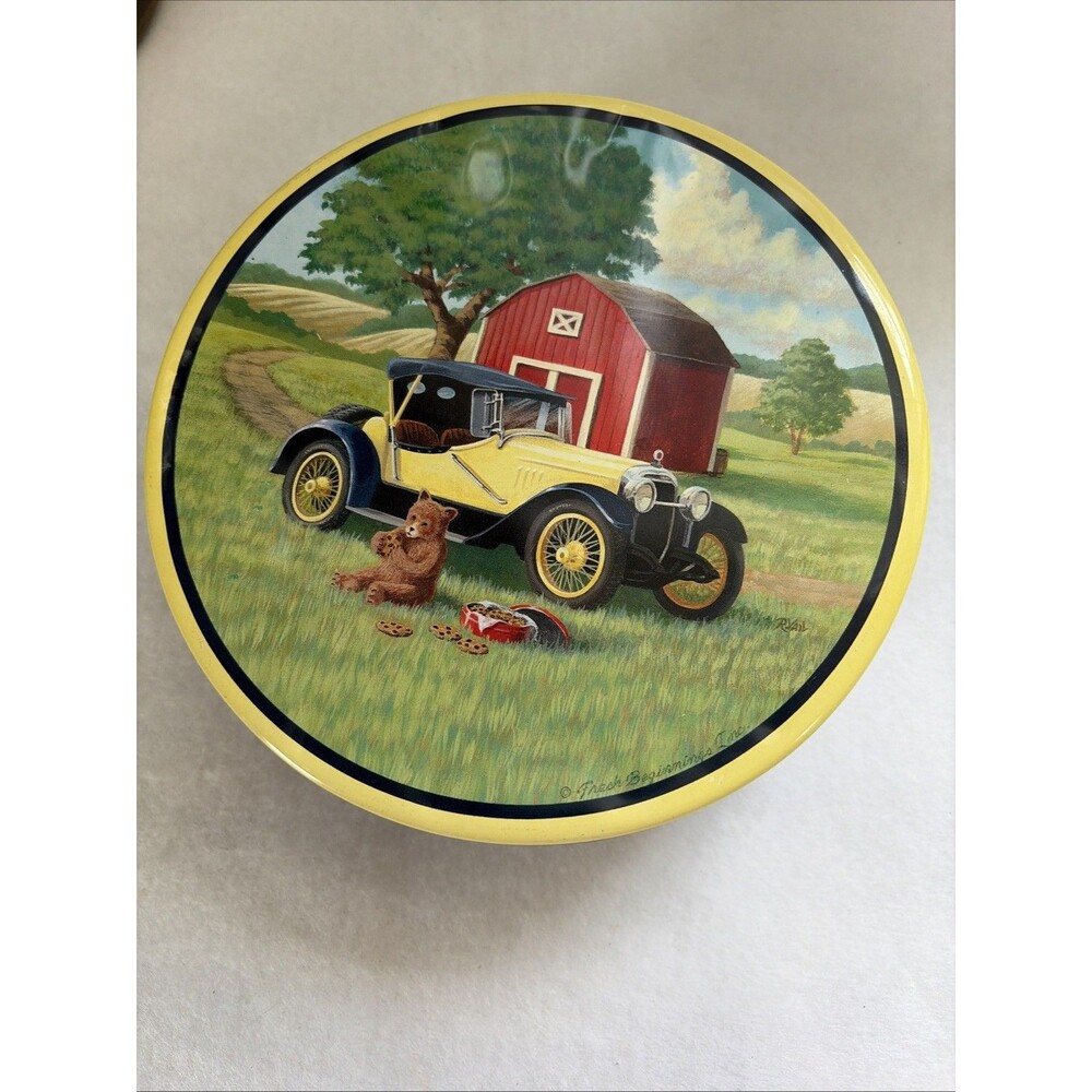 Vintage 90s - Roadster Bear Barn Round Metal Tin - Fresh Beginnings Cookies